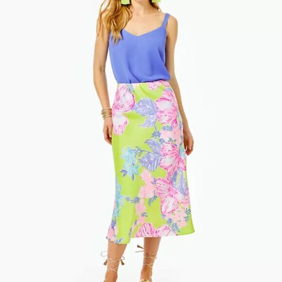 Lilly Pulitzer CORY MIDI SKIRT Matcha Green Boho Babe Pink White 4 $128 Retail - Picture 1 of 8